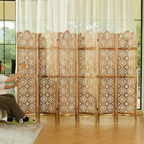 5.75Ft Room Divider Wood Carved Wall Divider Indoor Folding Portable Partition Screen for Home Office Garden Terrace - 4 Panel (Antique Brown)