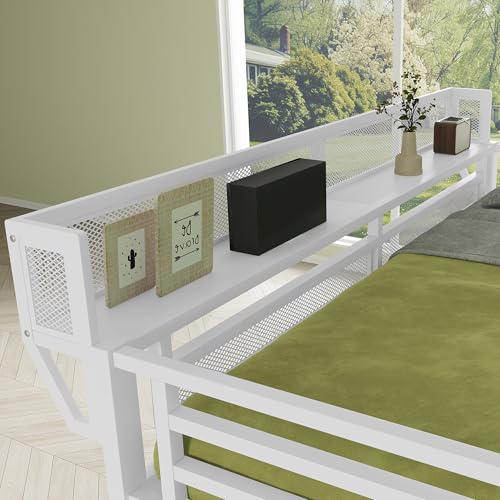 Full Size Loft Bed with Stairs and Storage, Metal Loft Bed Frame with Bedside Shelf and Large Under-Bed Space, Heavy-Duty Bed for Adults Teens and Kids, Black