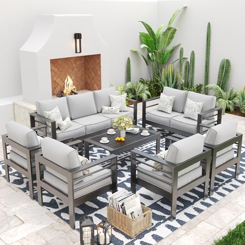 UDPATIO 8 Piece Aluminum Patio Furniture Set, Oversized Modern Outdoor Furniture Set with Olefin Fabric Cushion for Patio Deck Backyard, Dark Grey(with Waterproof Covers)