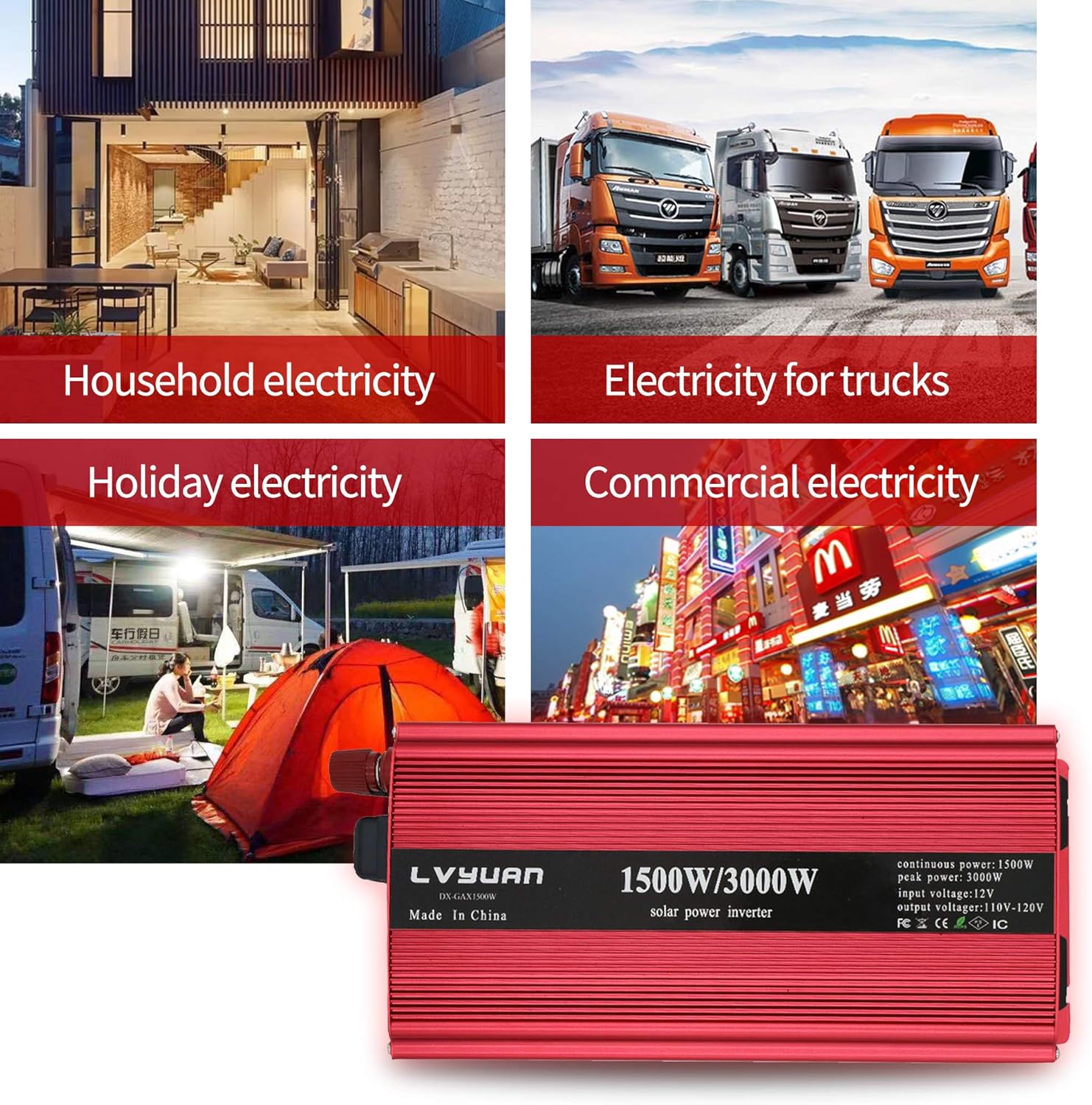 LVYUAN 1500W/3000W Power Inverter Dual AC Outlets and Dual USB Charging Ports DC 24V to 110V AC Car 24V Inverter Converter with Digital Display 4 External 40A Fuses for Blenders, vacuums, Power Tools