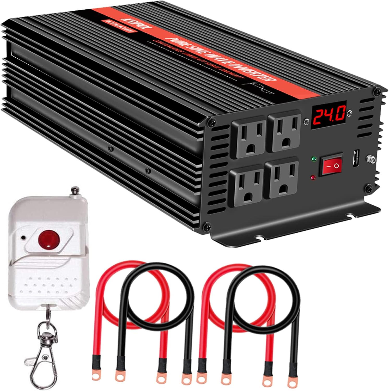 2000 Watt Pure Sine Wave Inverter 24V DC to 110v/120v AC 60HZ, Car Power Inverter with 4 AC Outlets&1 USB Output 50M Wireless Remote Control for Truck/RV/CPAP-Peak 4000 Watt (2000W-24V)