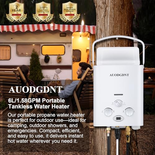 Portable Propane Tankless Water Heater 1.58 GPM, Lightweight Instant Hot Water Heater with LED Display and 3-Mode Shower Head, Suitable for RV Camping Shower, 6L