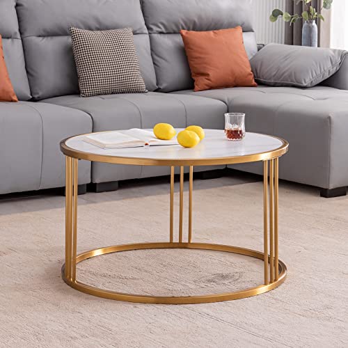 30.7" Round Coffee Table Sintered Stone End Table with Golden Stainless Steel Frame Console Table Modern Living Room Center Cocktail Table for Apartment Home Office