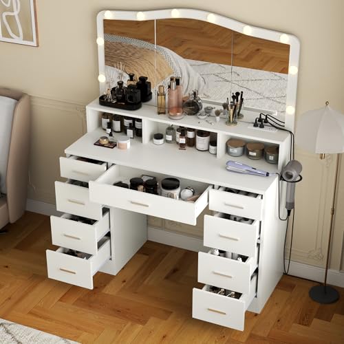 Makeup Vanity Desk with Large Mirror & LED Lights, 9 Drawers White Vanity Table with Power Outlets, Dressing Table with 3 Cubby for Bedroom, Modern Makeup Vanity for Women, Girls (White)