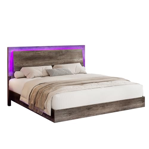 Full Size Floating Bed Frame, Farmhouse Platform Bed Frame with Headboard and LED Light/No Box Spring Needed/Noise Free/Easy Assembly, Rustic Grey