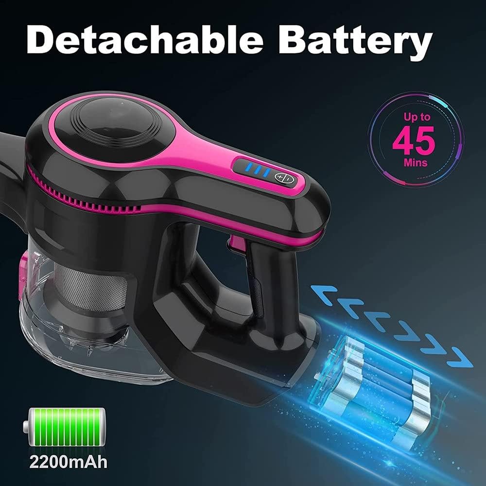 Cordless Vacuum Cleaner, 6-in-1 Rechargeable Stick Vacuum with 2200 mAh Battery, Powerful Lightweight Vacuum Cleaner, up to 45 Mins Runtime, for Home Hard Floor Carpet Pet Hair, Red