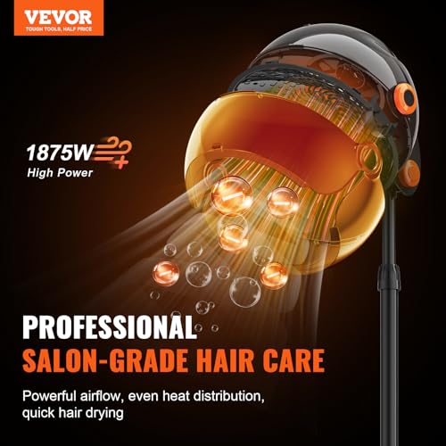VEVOR Hooded Hair Dryer with Variable Speed & Temperature Adjustment, 1875W Ionic Bonnet Hair Dryer, Sit Under Hair Dryer with Timer, Standing Hair Dryer for Beauty Salon Home Spa