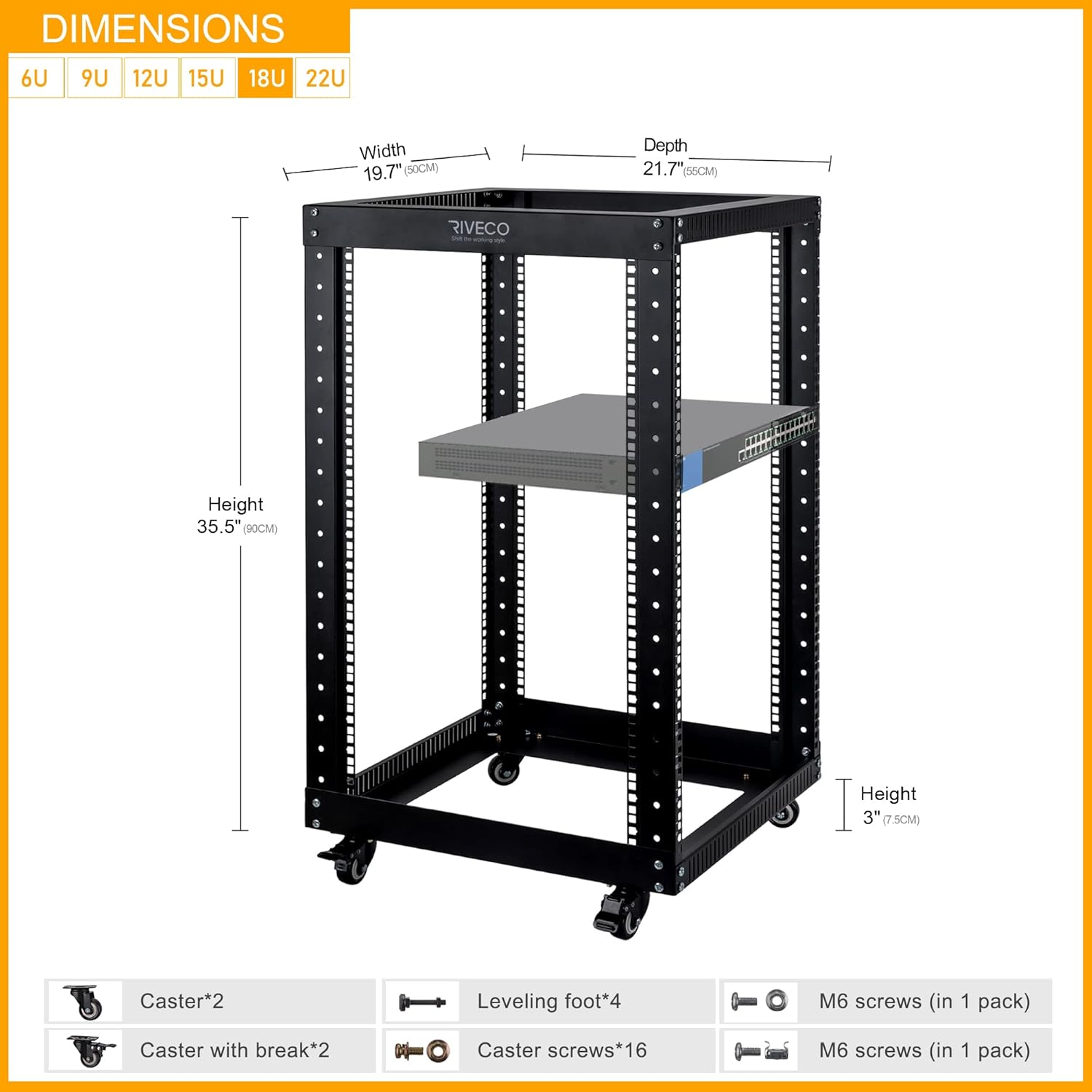 RIVECO 9U Open Frame Server Rack with Casters- Heavy Duty 4 Post Quick Assembly 19-inch, Stereo Rack Network Cabinet Black
