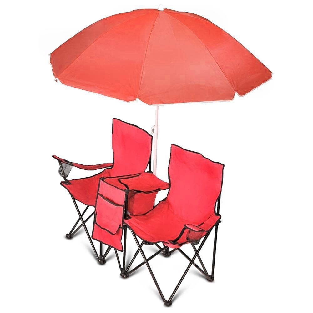 GoTEAM Portable Double Folding Chair w/Removable Umbrella, Cooler Bag and Carry Case (Blue)