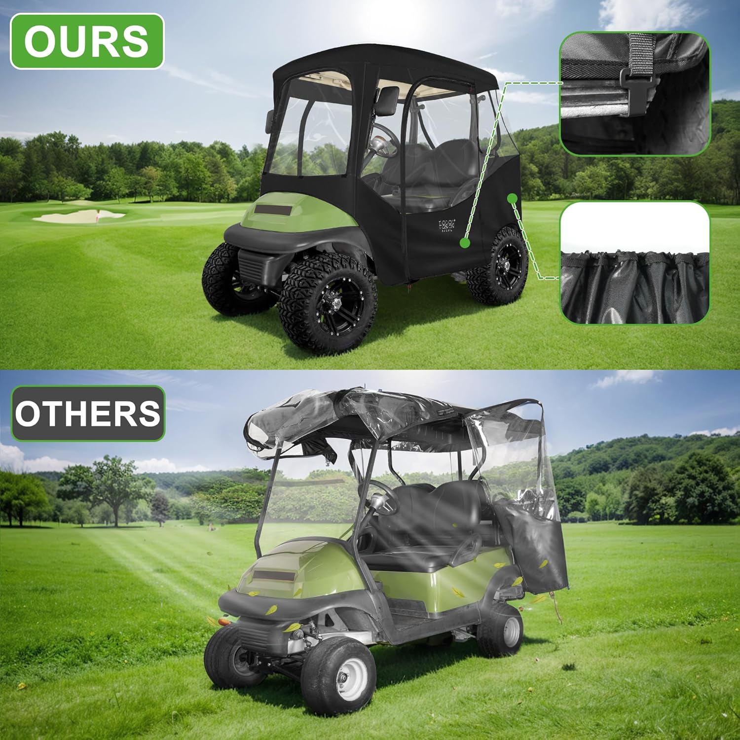 10L0L Golf Cart Enclosures 2 Passenger Club Car with Roll-Up Windshield for Club Car DS & Precedent All Weather Windproof Waterproof Rain Cover, 4-Sided Clear Window & Roll-up Zipper Door