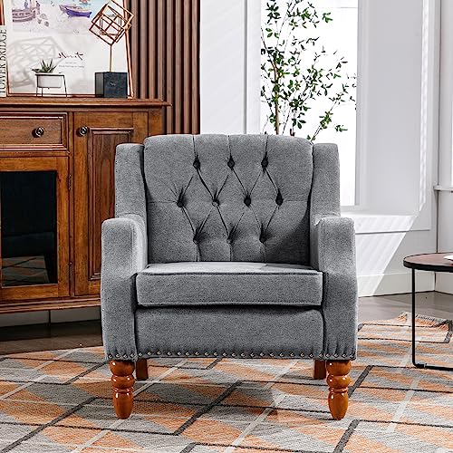 Accent Chair, Living Room Chair, Footrest Chair Set with Vintage Brass Studs, Button Tufted Upholstered Armchair for Living Room, Comfy Reading Chair for Bedroom, Reception Room