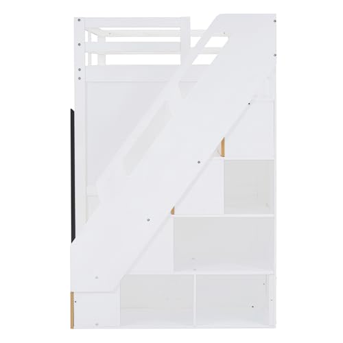 Wooden Twin Size Loft Bed with Two-Tone Stairs Storage, Solid Wood Loft Bed Frame with Full-Length Guardrails Twin Size Loft Bed with Pull-Out Wardrobes, for Kids Teens Adults, No Box Spring Needed