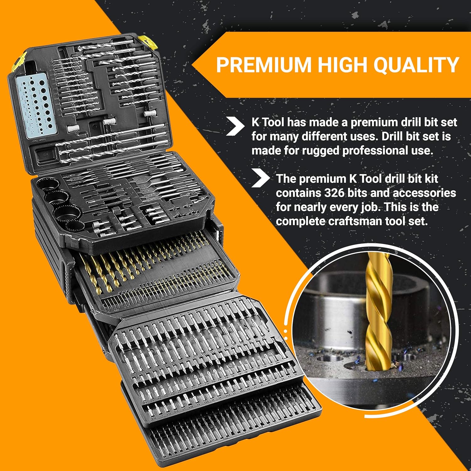 K Tool International Drill Bit Set Portable Tool Storage 326 Piece Set Drill Accessories with Case, Folding Trays, Portable Carrying Case, Easy Organization; KTI10330