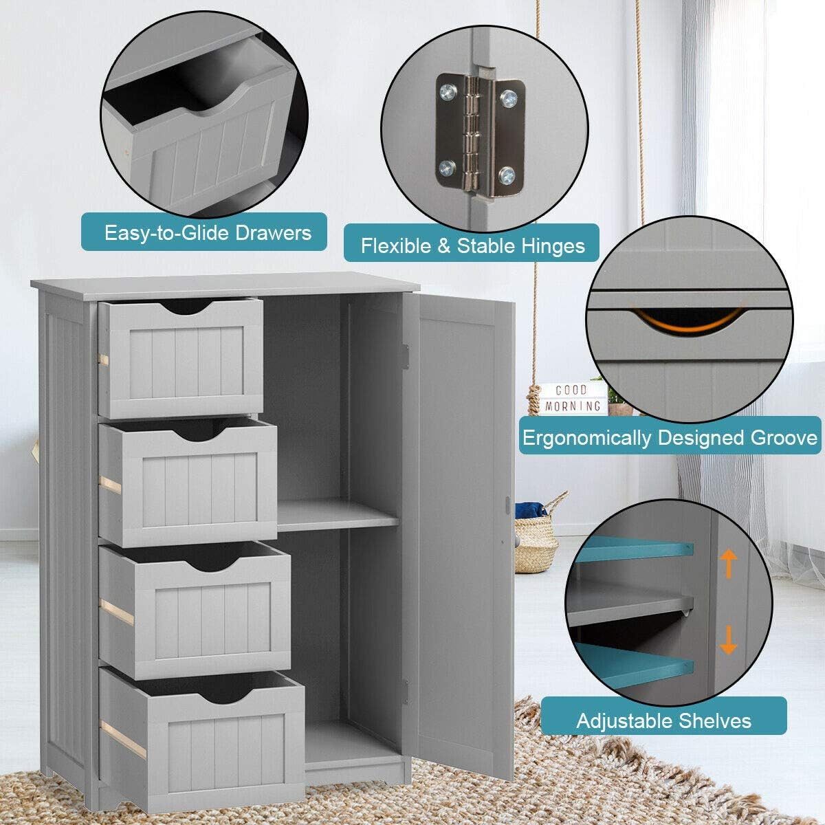 Elegant Design Multifunction Freestanding Bathroom Floor Cupboard Cabinet Storage Organize with 4 Drawer Adjustable Sturdy Durable for Toilet, Living Room, Bedroom, Corridor, Office Grey