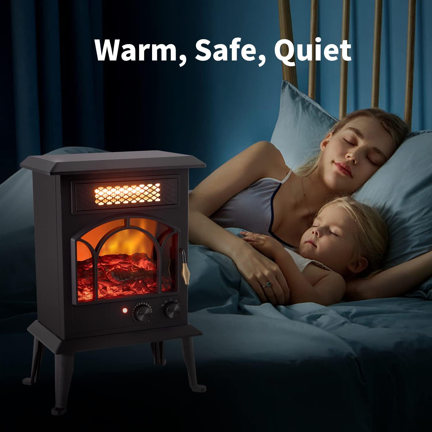Standing Electric Fireplace Heater – 1500W Portable Infrared Stove with Realistic Flame Effects, 2 Heat Settings, Cool-Touch Exterior, Overheat Safety Shutoff