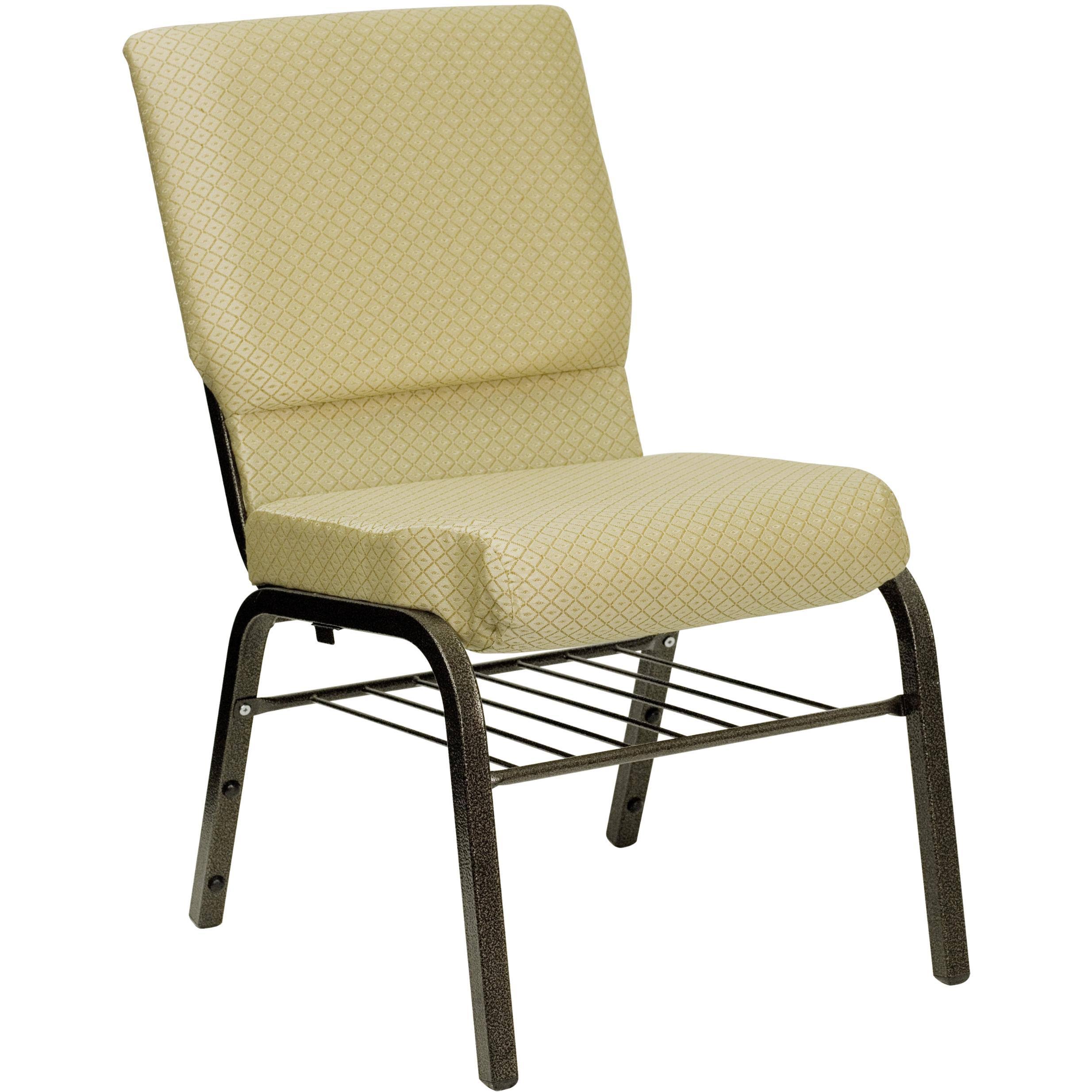 Hercules Series 18.5&&W Church Chair with Book Rack Green Patterned Fabric/Gold Vein Frame