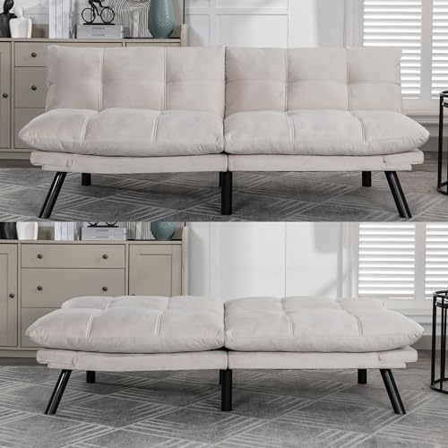70” Linen Futon Sofa Bed, Convertible Folding Couch, Breathable Small Couch, Comfortable Double Loveseat Bed for Compact Living Studio in Room and Bedroom, Offices, Family, Dorm (Linen Dark Gray)