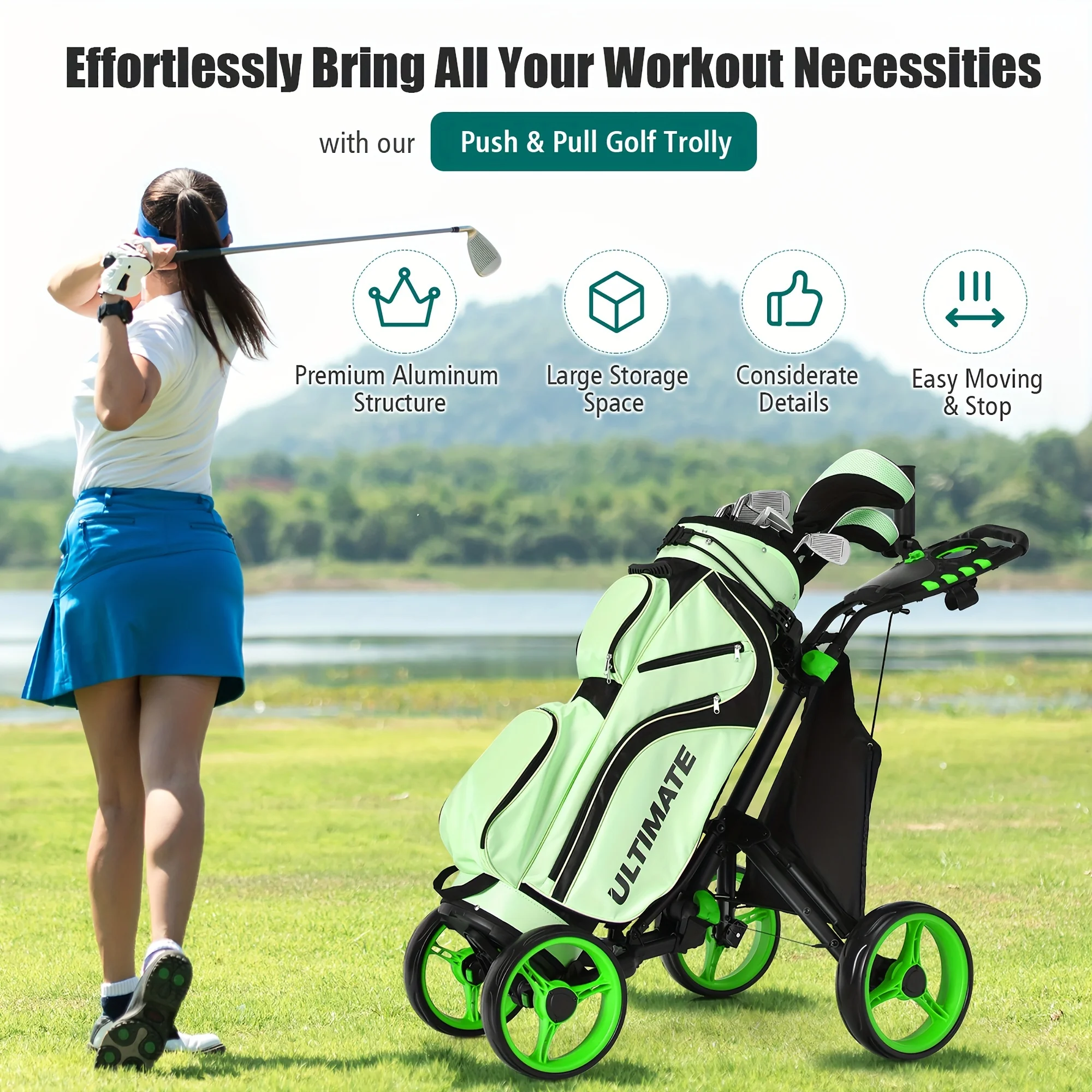 PGAST 4-Wheeled Golf Push Cart-Compact Folding Design, Adjustable Handle, Built-in Scoreboard-Accessories Bag Included, Ideal for Golf Enthusiasts - Curated Treasures Market