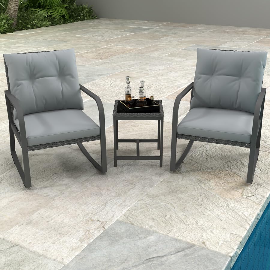 3 Piece Rocking Bistro Patio Set, Outdoor Rocking Chair, Outdoor Bistro Sets Wicker Patio Furniture Rocking Chairs Sectional Couch with Tempered Glass Top Coffee Table & Cushions, Dark Blue