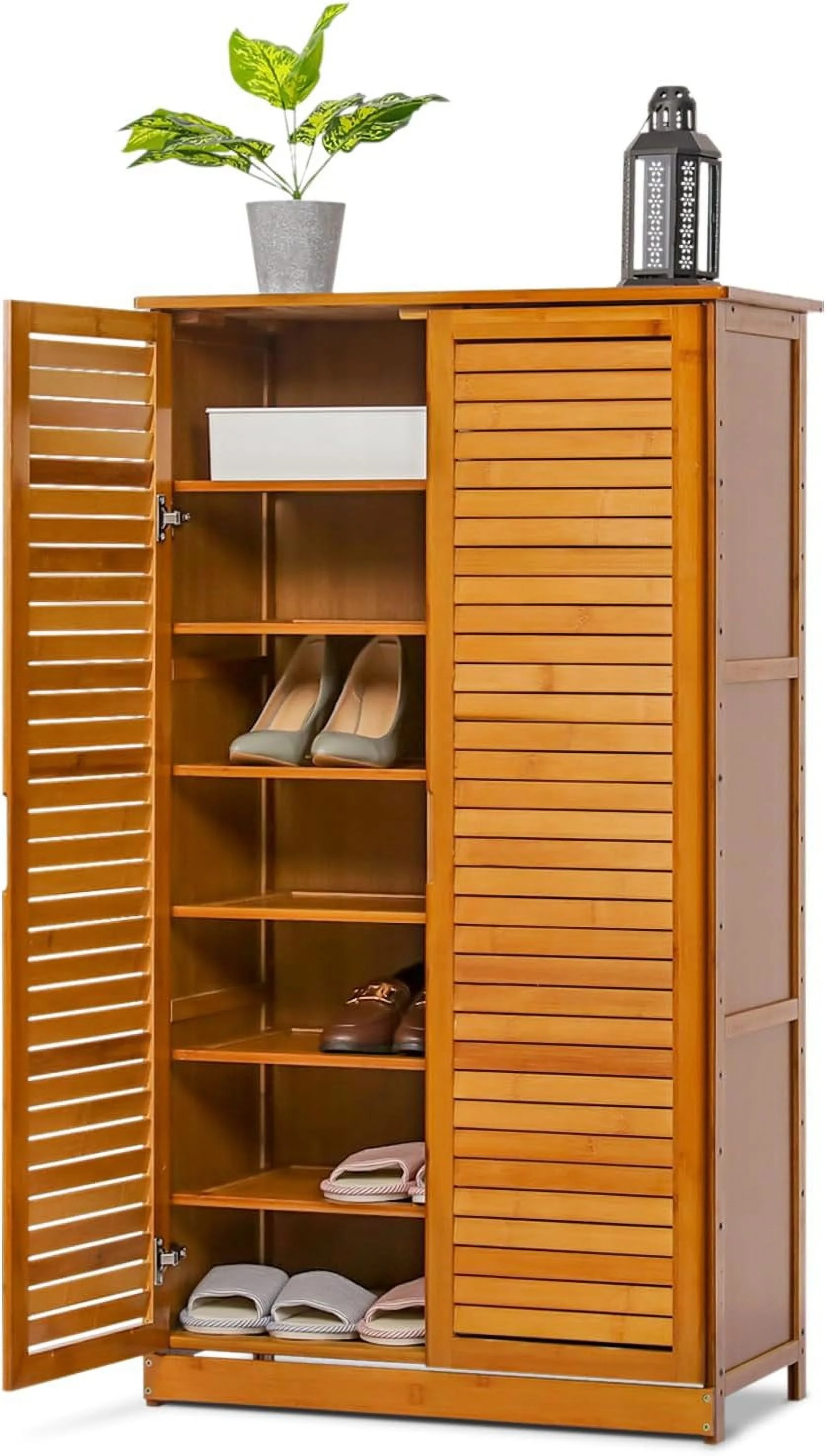 Tall Bamboo Shoe Storage Cabinet With Double Shutter Doors - Shelf Stand Organizer For Narrow Closet, Hallway, Living Room - Entryway standing Shoe Cabinet Organizer Storage Rack (Brown)