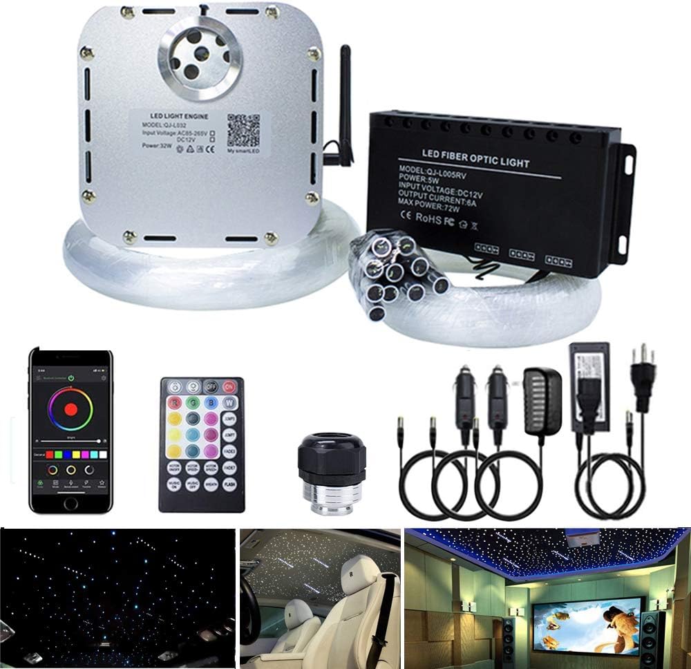AKEPO Car Home Use 32W RGBW Twinkle+ Sound Activated+ APP Fiber Optic Lights Kit Star Ceiling Sky Light with Total 800pcs in 13.1ft/4m + 9.8ft/3m Long Optical Fiber Cable for Indoor or Interior Decor