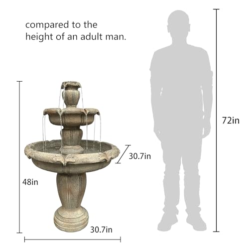 48” H Outdoor Floor Water Fountain, 3-Tiers Concrete Water Fountain with Submersible Electric Pump - Garden Cascading Waterfall for Yard Patio Lawn Home Decor