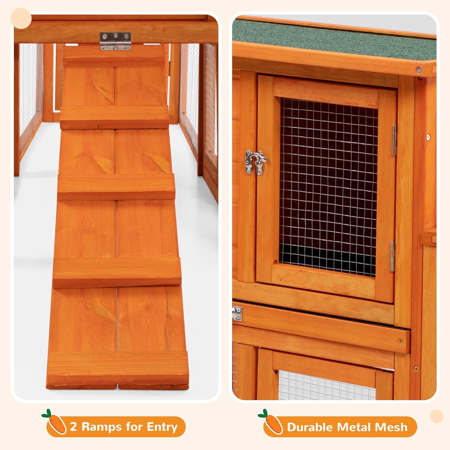 COZIWOW Extra Large Rabbit Hutch Bunny Cage Outdoor Indoor, 2-Story 94.5”L Big Wooden Bunny Hutch Rabbit Cage Small Animal House with No-Leak Tray, Openable Top, Runs, Waterproof Roofs (Orange)