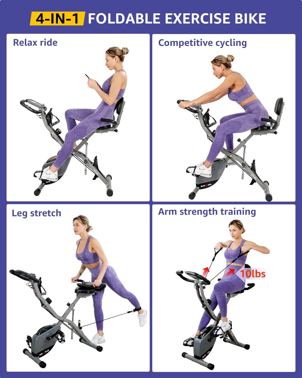 KURONO Stationary Exercise Bike for Home Workout |2023 Upgraded 4 IN 1 Foldable Indoor Cycling Bike for Seniors | 330LB Capacity, 16-Level Magnetic Resistance,Adjustments Cement Grey