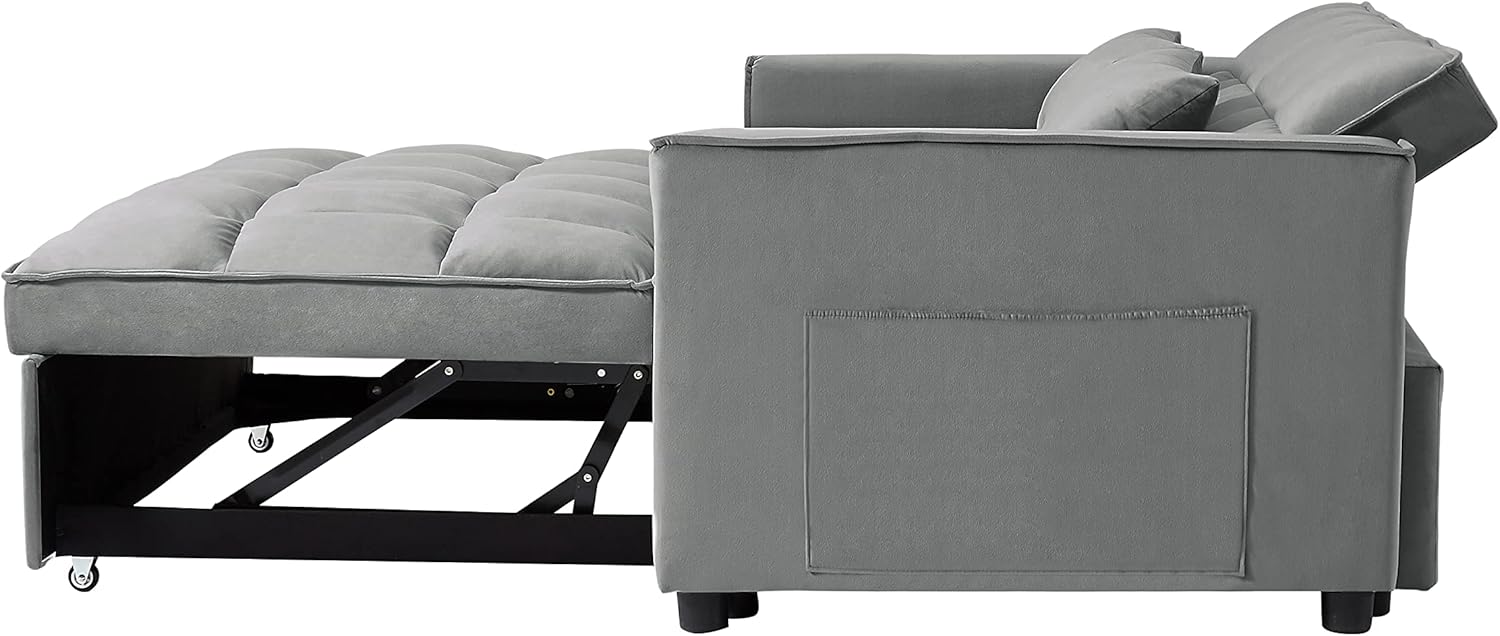 Eafurn 3 in 1 Multi-Functional Convertible Sleeper Sofa Bed, Modern Futon Loveseat Pull Out Couch with Reclining Adjustable Backrest & Side Pockets for Apartment Living Room Bedroom, Grey 55.2"