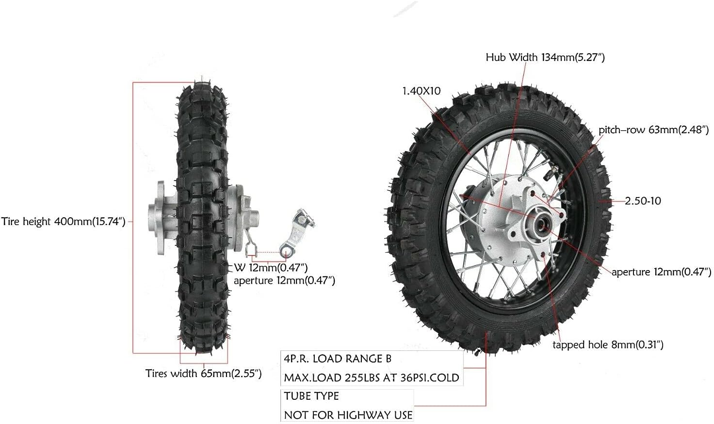 2.5-10" Rear Wheel Tire Assembly/10" Rim Diameter Rear Wheel Rim Tyre for 50cc 70cc 90cc 110cc Dirt Pit Bike CRF50 DRZ70 PW50 TTR50 (US Stock)