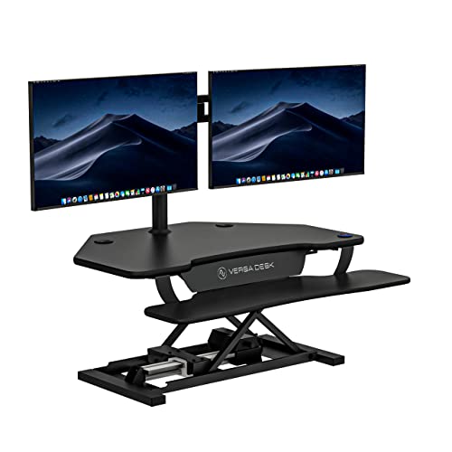 VERSADESK® PowerPro™ 36" Corner Standing Desk Converter, 36 Inch Motorized Height-Adjustable Standup Desk Riser Sit to Stand Desktop with Keyboard and Mouse Tray + USB Charging Port, Black