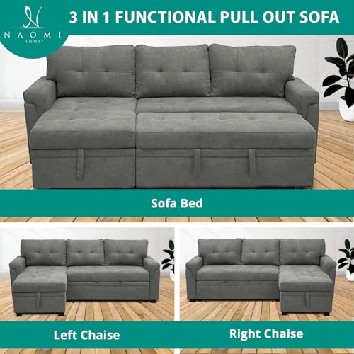 Naomi Home Jenny Sectional Sofa Sleeper with Storage Chaise, Tufted Pull Out Couch with Storage, L-Shaped Reversible Sleeper Sofa with Storage, Black,Air Leather