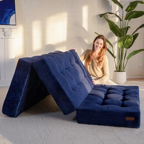 MAXYOYO Tri-Fold Mattress, 6 Inch Tufted Folding Mattress Full Foam Bed, Foldable Floor Mattress Guest Bed Mattress Topper Portable Camping Sleeping Bed with Corded Fabric, Black, 53"x75"