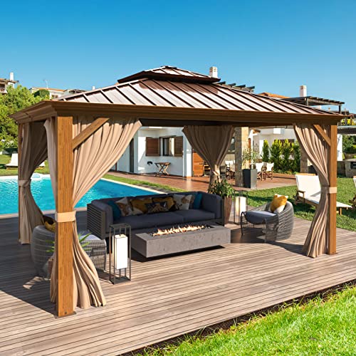 MELLCOM 12'x16' Hardtop Gazebo, Galvanized Steel Metal Double Roof Canopy with Curtains and Netting, Brown Permanent Pavilion Gazebos with Aluminum Frame for Garden, Patio, Lawns, Deck