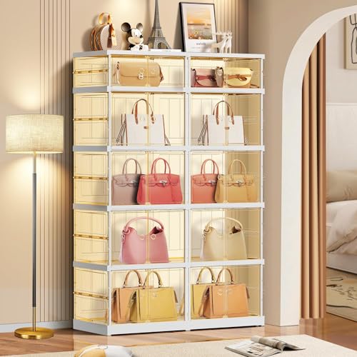 6-Tier Foldable Shoe Rack for Closet Entryway 6-12Pairs,Stackable Clear Shoe Storage Boxes Organizer with Door Plastic Small Shoe Cabinet Bins with Lids Narrow Shoe Shelf Easy Assembly