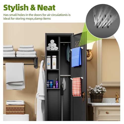 Aobabo 71" H×34" W×18" D Garage Metal Storage Cabinet with Wheels, Locking Steel Storage Cabinet with 5 Shelves and 4 Hooks, for Home Office, School, Assembly Required, Black Silver