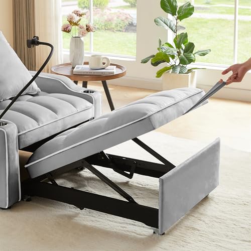 GERRIT Velvet Convertible Sleeper Sofa Chair Bed, 3 in 1 Multi-Functional Lounge Chair Sleeper, Pull Out Couch Guest Bed with USB Port & Cup Holder for RV, Living Room, Small Spaces (Grey)