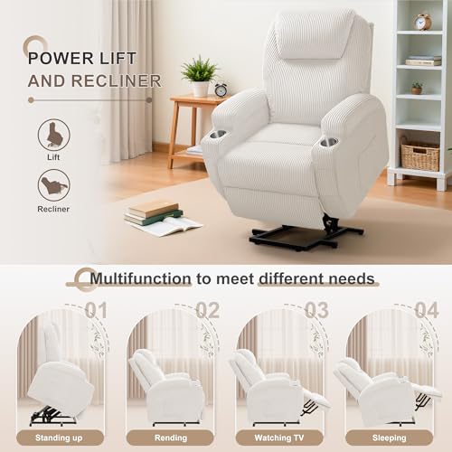 Flamaker Power Lift Recliner Chair PU Leather with Massage for Elderly Ergonomic Lounge Chair Classic Single Sofa with 2 Cup Holders Side Pockets Home Theater Seat (Leather, Light Black)