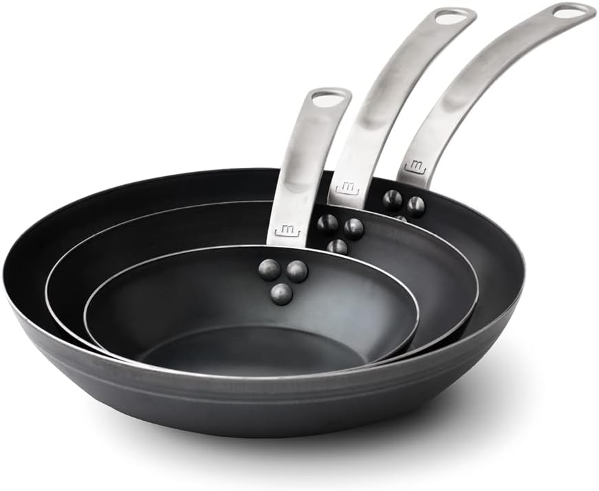 Made In Cookware - 3-Piece (Includes 8",10",12") Blue Carbon Steel Frying Pan Set - (Like Cast Iron, but Better) - Professional Cookware - Crafted In France - Induction Compatible