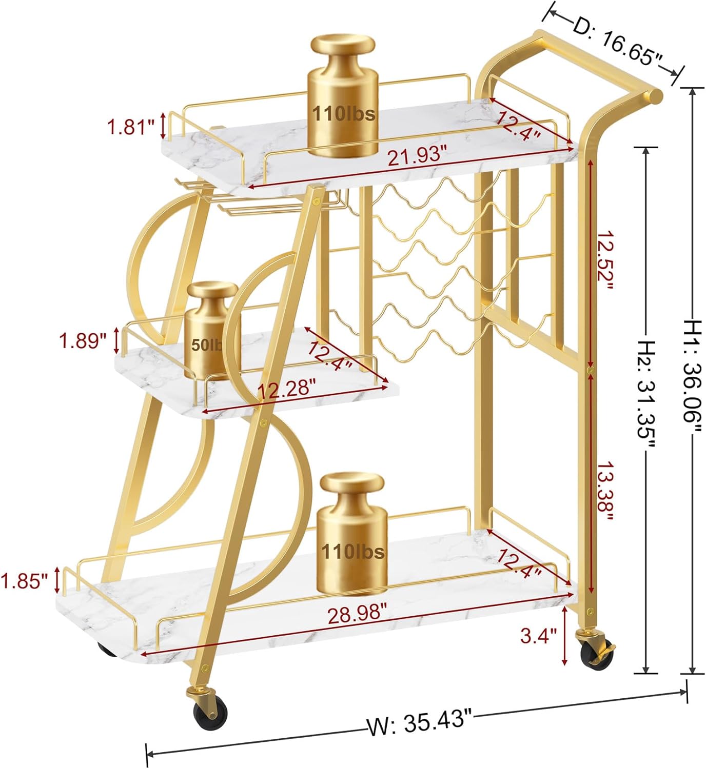 Industrial 3 Tier Mobile Gold Bar Cart with Wine Rack Freestanding Floor with Glass Holders and Hooks, Coffee Bar Cabinet with Storage with Wood and Metal Beverage Cart (Gold & Walnut Brown)