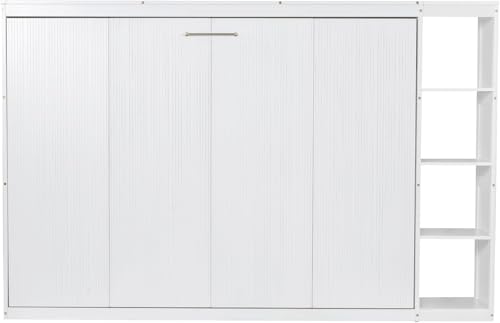 Full Murphy Bed with Storage Shelves,Wood Murphy Bed Cabinet with Storage Bookcase,Fold Up Bed Modern Murphy Wall Bed Full Size (White,Full)