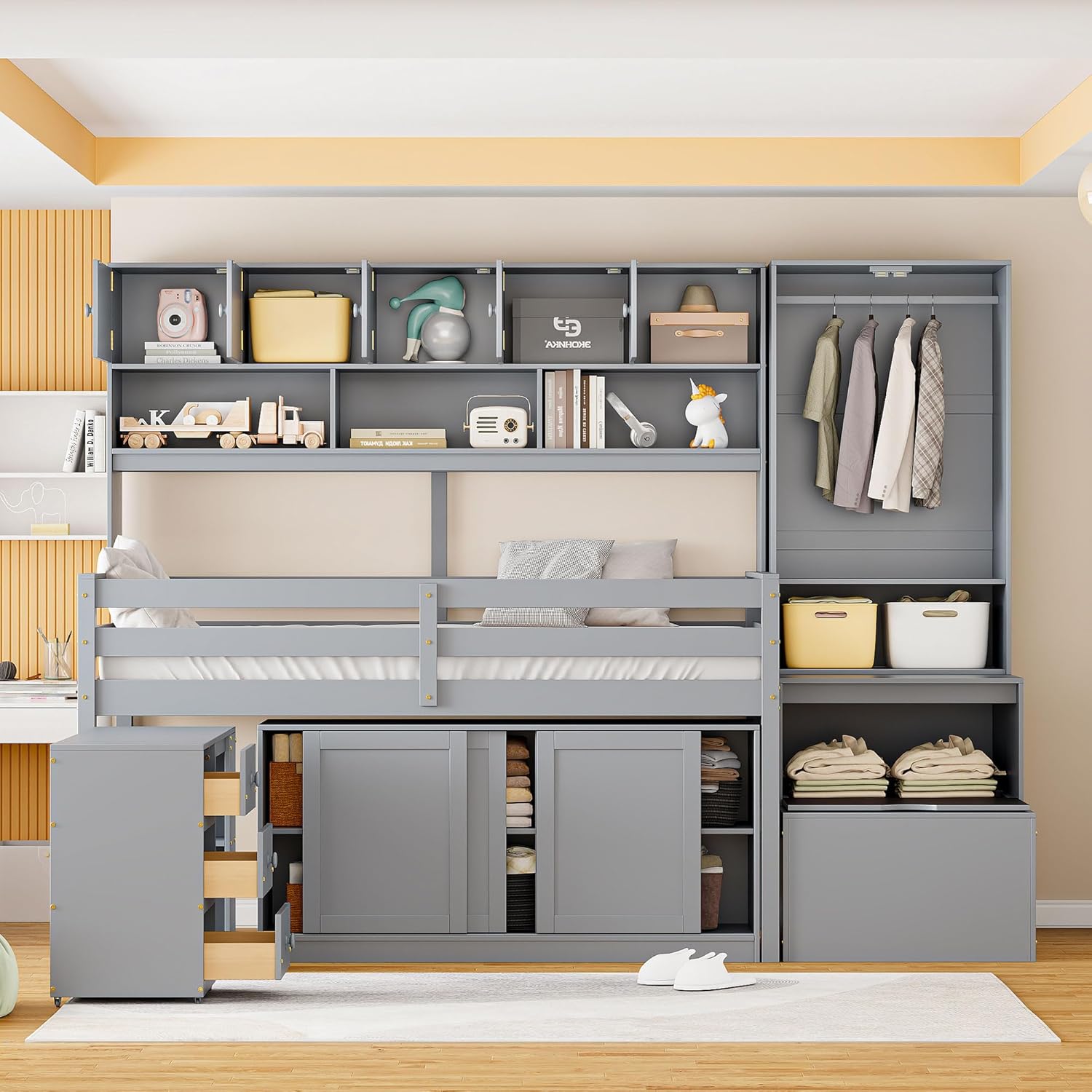 Twin Size Loft Bed for Kids, Extra Large Versatile Wooden Bedframe with Removable Desk/Storage Stairs/Wardrobe/Eight Top Shelves/Two Sliding Door Cabinets, Space-Saving Design, Gray