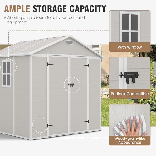 Outdoor Storage Shed, 6x6 FT Resin Shed with Floor and Lockable Door, Window, Vents, Tool Sheds and Outdoor Storage for Bike, Garden Accessories, Tools, Waterproof (Grey & White)