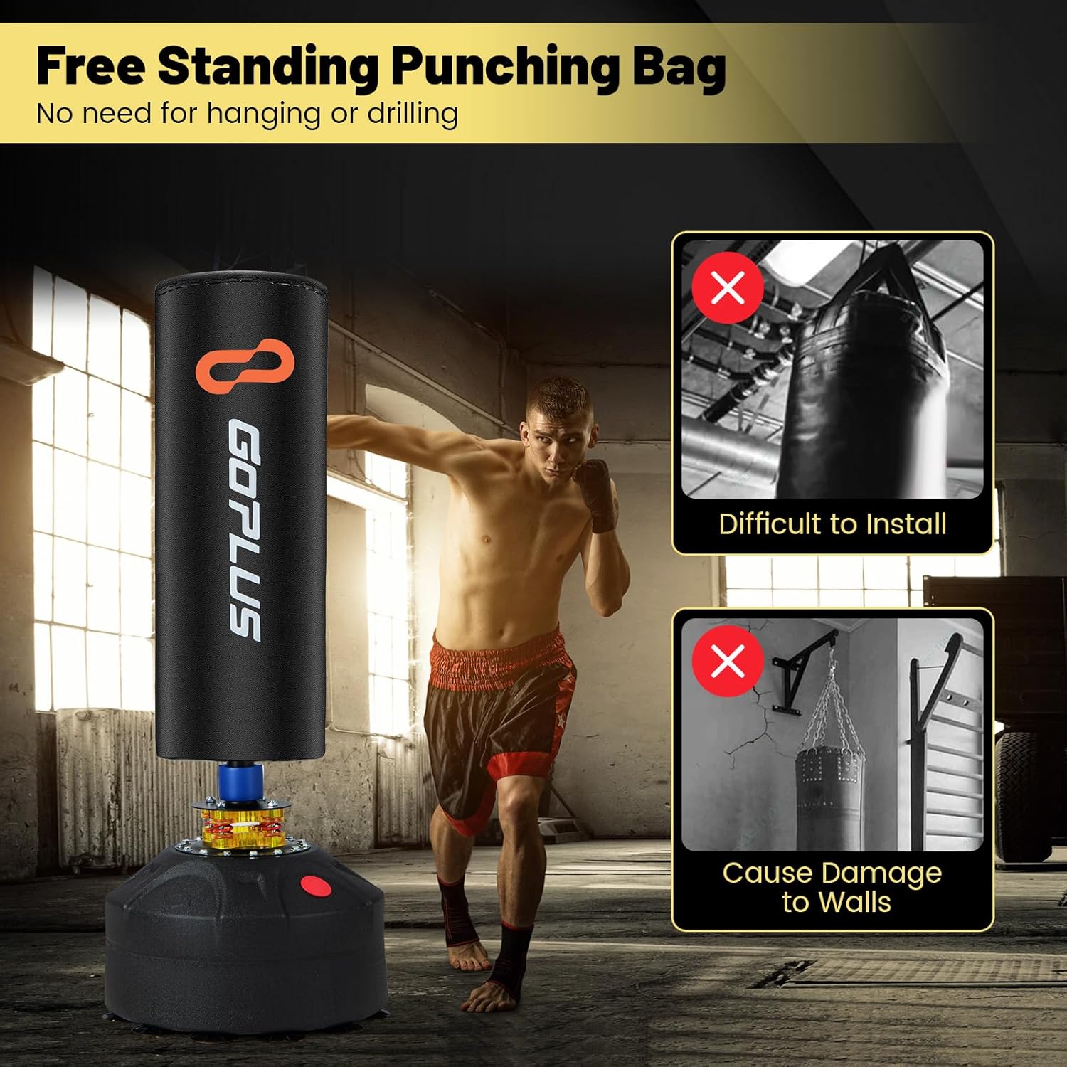Goplus Freestanding Punching Bag, 220LBS Heavy Boxing Bag with Gloves, Shock Absorber, 12 Suction Cup Base, Kickboxing Bag with Stand for Adults Youth Men Women Home Gym