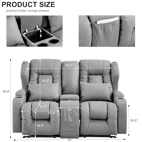Loveseat Recliner Sofa, Manual Reclining Home Theater Seating with Console, RV Double Recliner with Cup Holders and Side Pocket for Living Room, Beige