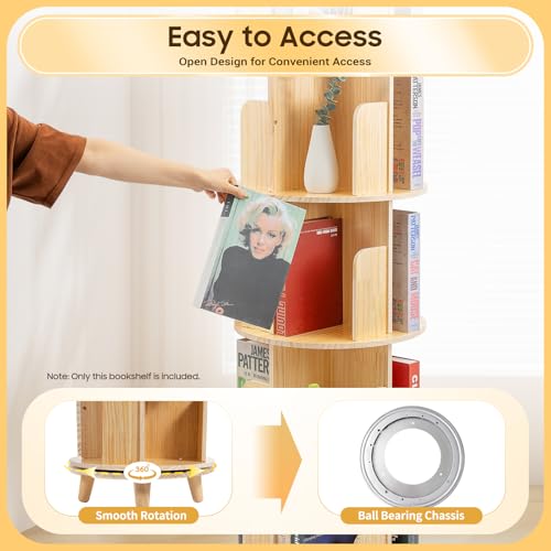 Rotating Bookshelf, 360 Display 4 Tier Floor Standing Bookcase Storage Rack for Kids&Adult, Corner Bookshelf, Wood Narrow Book Shelf Organizer for Bedroom, Living Room, Study Room, (4 Tier)