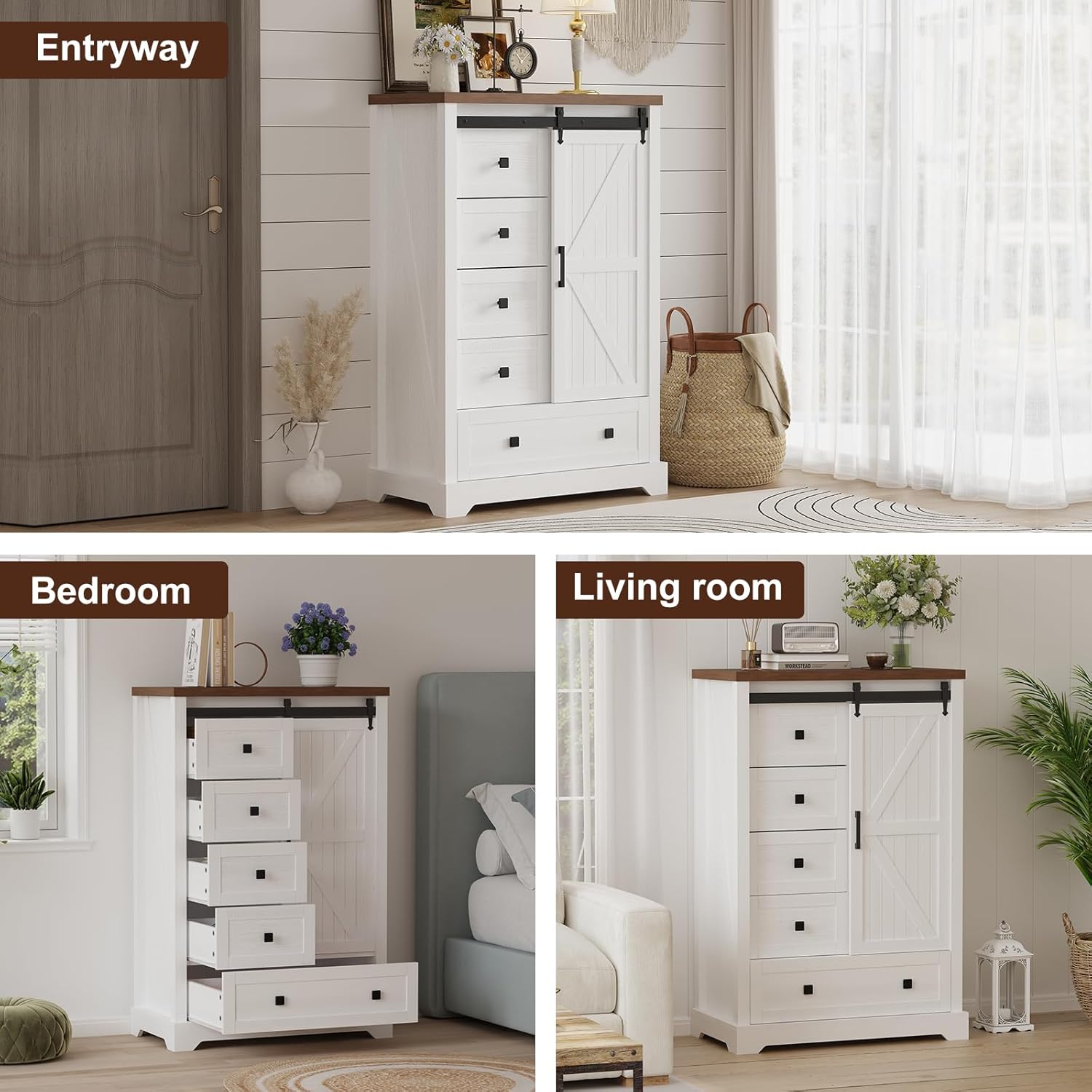 GAOMON Farmhouse 5 Drawers Dresser,47" Tall Chest of Drawers w/Sliding Barn Door, Rustic Wood Dressers Organizer w/Adjustable Shelves for Bedroom, Living Room, Hallway,Entryway,Kitchen