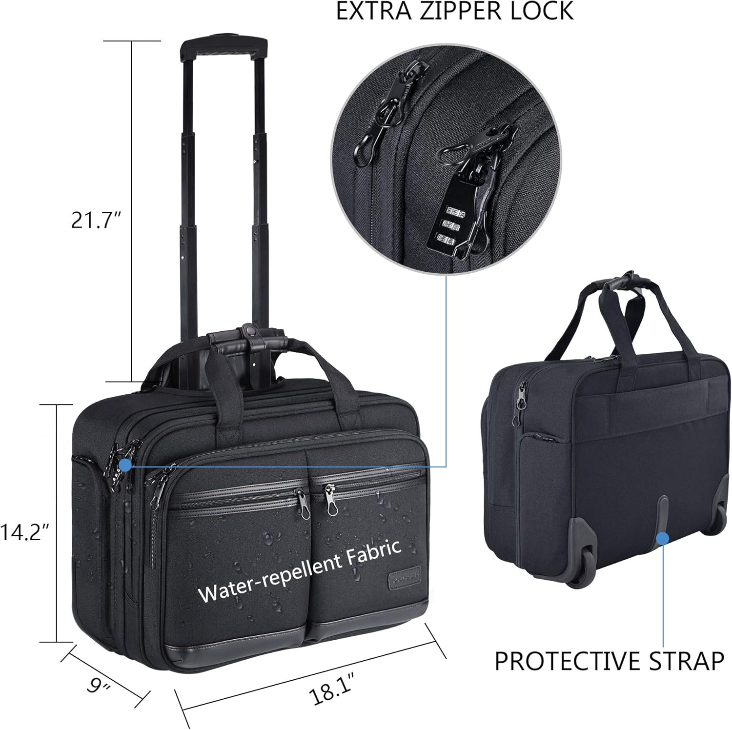 Rolling Laptop Bag Premium Rolling Briefcase Fits Up to 17.3 Inch Laptop Water-Repellent Overnight Rolling Computer Bag with RFID Pockets for Travel/Business/Men/Women-Black