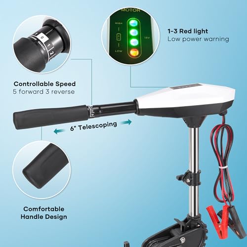 55lb Thrust Trolling Motor 8 Speed Electric Outboard Motor Kayak Motor with Adjustment 6-inch Extendable Handle, 30'' Shaft Length, LED Indicator, Transom Mounted for Kayak, Fishing Boat