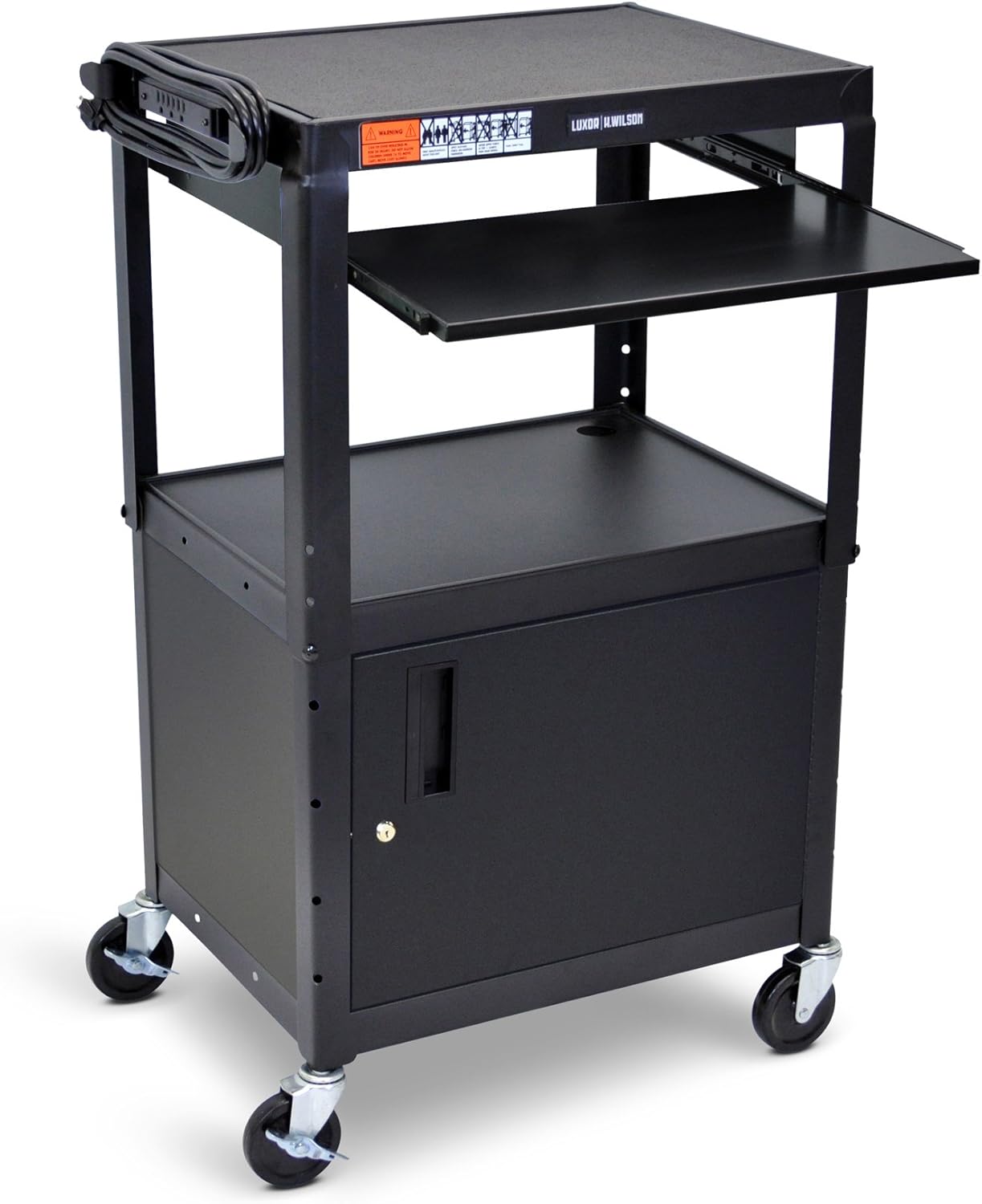Line Leader Large AV Cart with Locking Cabinet | Height Adjustable Utility Cart | Includes Pullout Keyboard Tray & Cord Management | Easy Assembly (32in x 18in x 42in / Black)